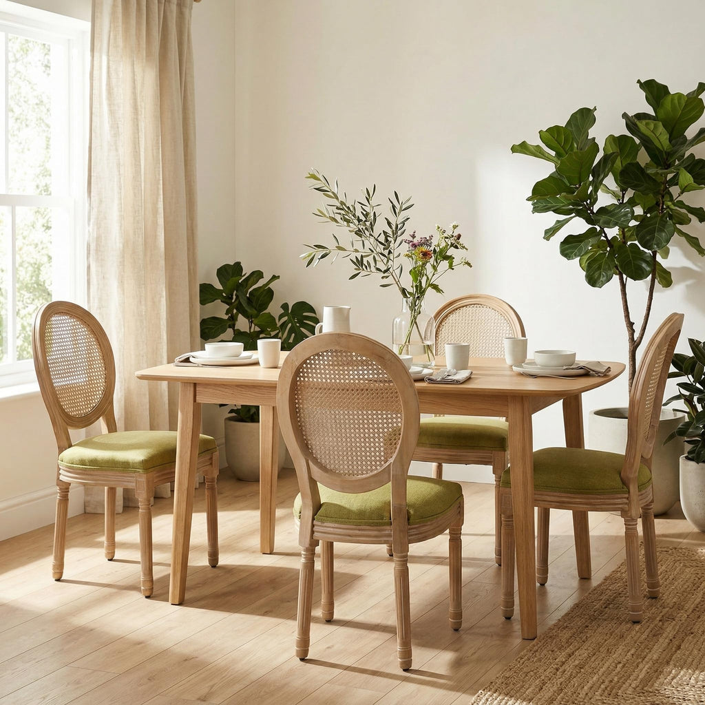 Vintage French Country Dining Chairs Set of 4, Farmhouse Rattan Dining Room Chairs with Round Back, Linen Upholstered
