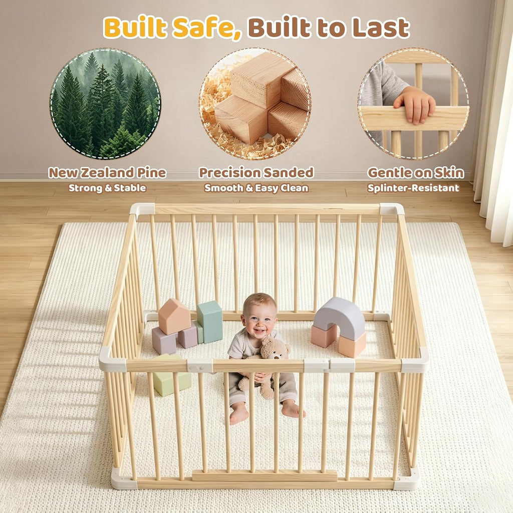 Small Wooden Baby Playpen, 36x36x24 Inch with Dual-Lock Safety Gate | Easy Assembly Activity Center, Space-Saving