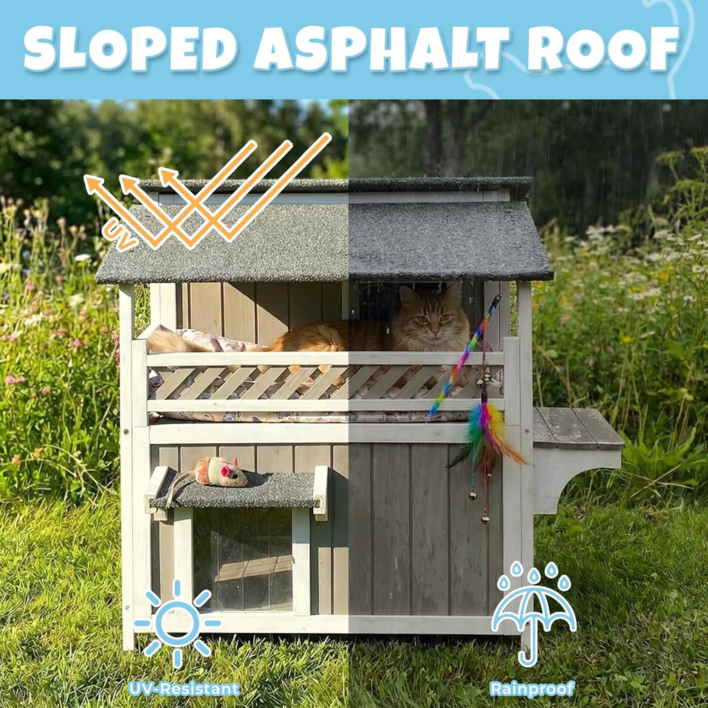 Outdoor & Indoor Wooden Cat House, Weatherproof Two-Story Cat Shelter, Enclosed Multi-Level Cat Home for Cats