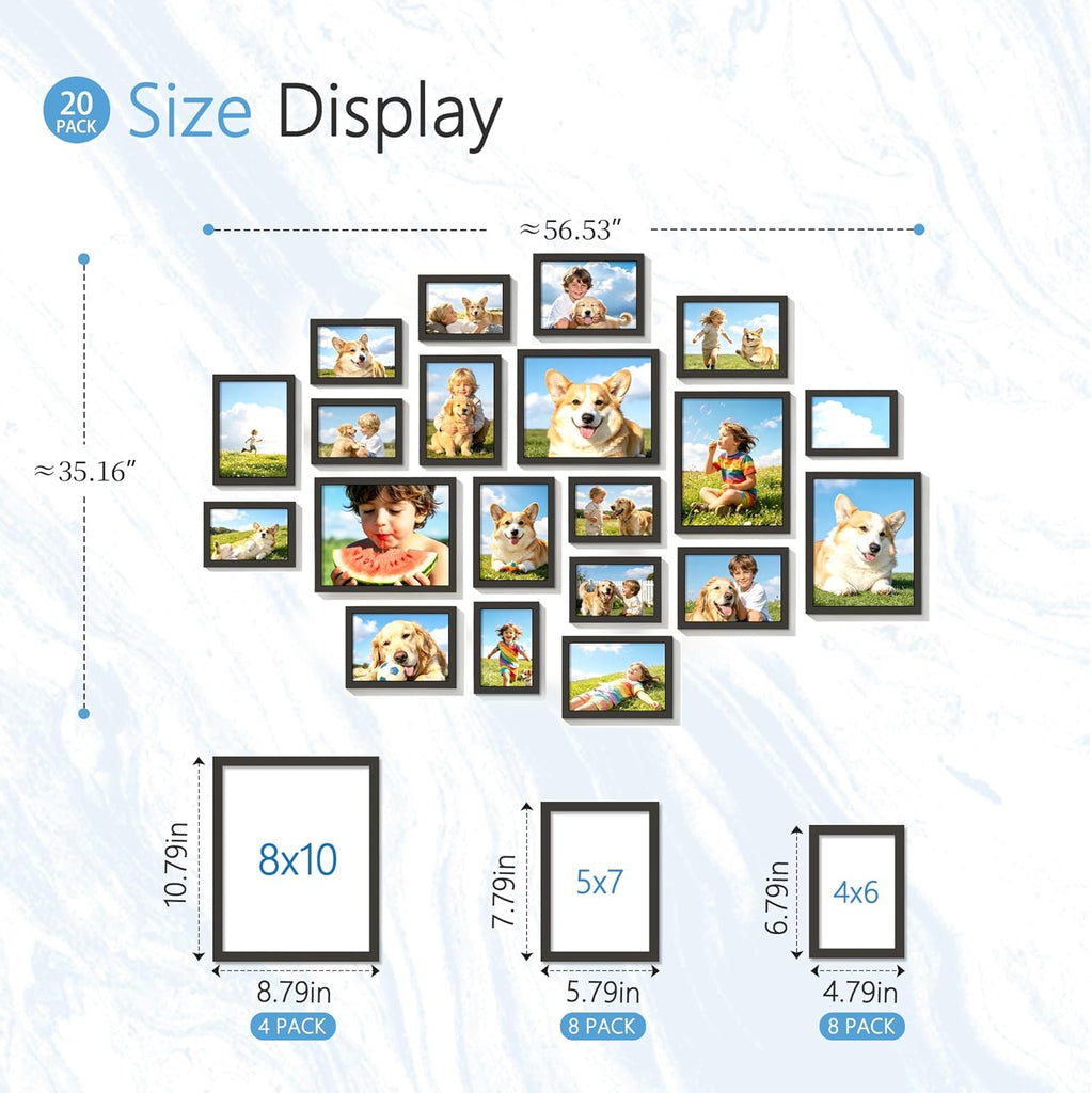 20 Pack Mixed Size Gallery Collage Frame Black | Multi-size Gallery Frames: 4pcs 8x10, 8pcs 5x7, 8pcs 4x6, Supports