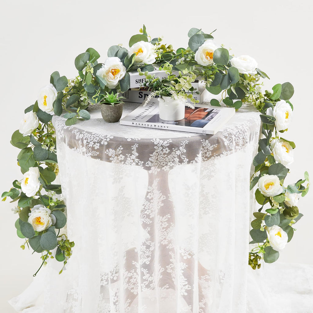 6Ft Artificial Eucalyptus White Flower Garland with Roses, 2 Pack