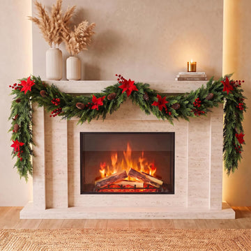 9FT Artificial Christmas Cedar Garland with Poinsettia,Pinecones