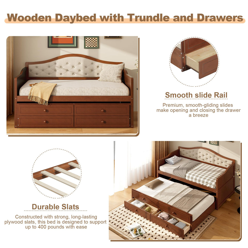 Wood Daybed Twin Size with Trundle and 2 Storage Drawers, Walnut