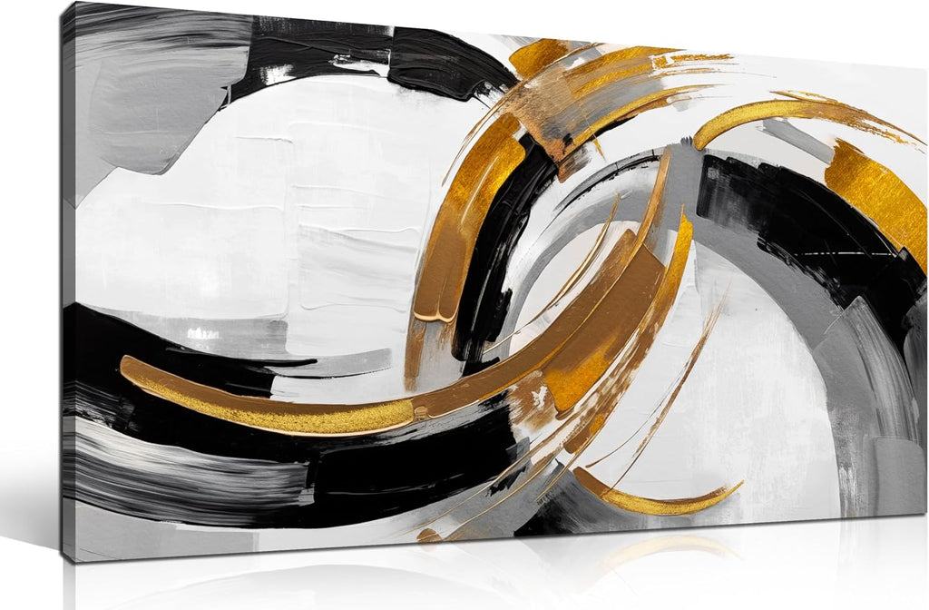 Large Abstract Canvas Wall Art Black White and Gold Minimalist Line Artwork Office