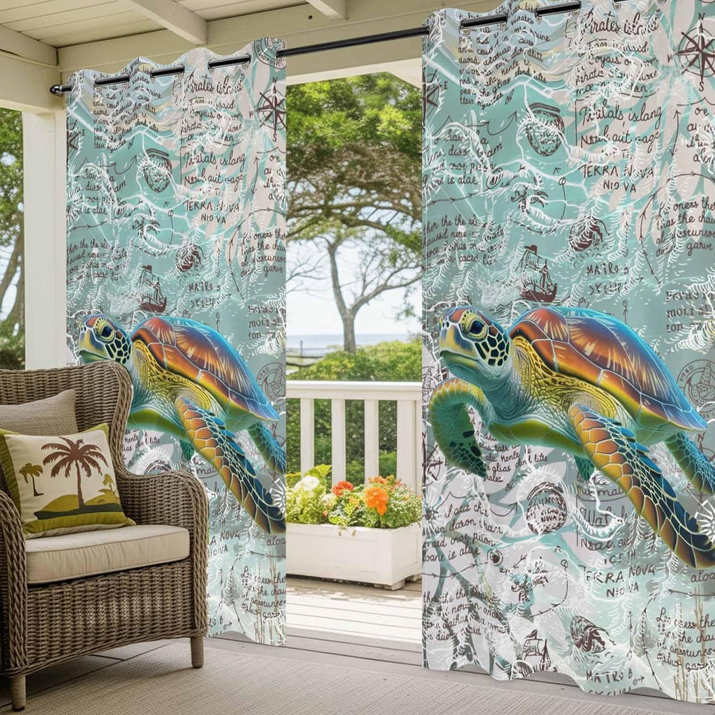 Ocean Waterproof Outdoor Curtains Clearance Retro Nautical Turtle Windproof Drapes with Weighted Hem & Tiebacks