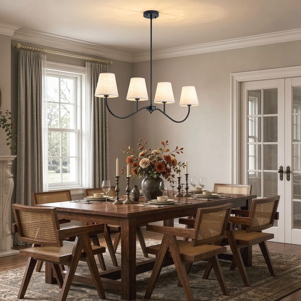 Matt Black Modern Linear Chandelier with White Fabric Shades