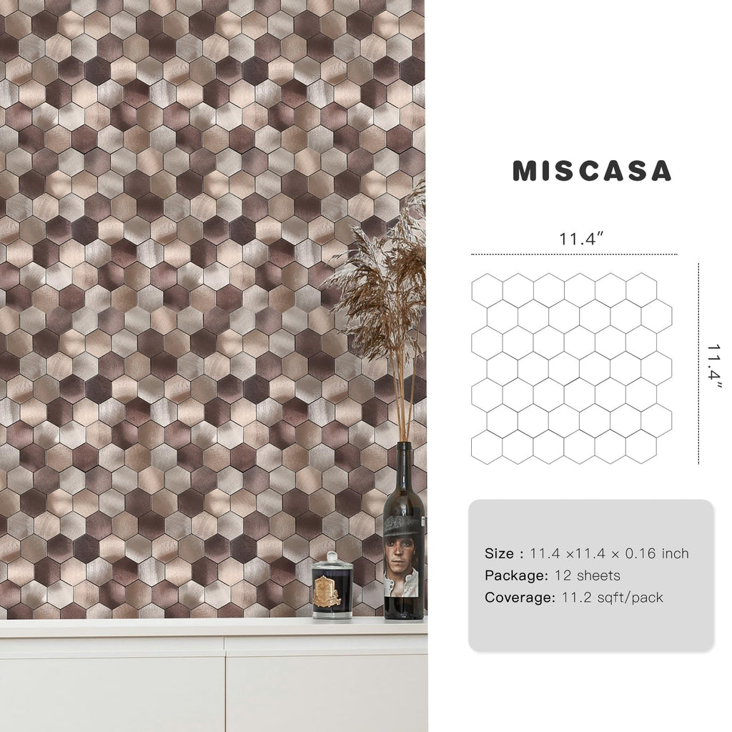 Hexagon Peel and Stick Backsplah Tile, Brown Self Adhesive Kitchen Backsplash Tiles Stick On Bathroom Wall Tiles