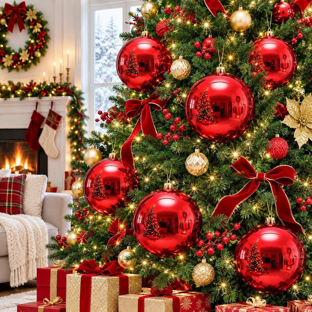8" 4 Pcs Large Christmas Ornaments Ball, Shiny Red