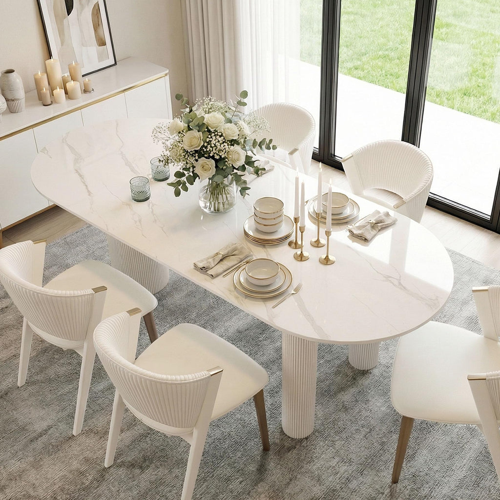 71'' Oval Dining Table for 6-8 People, Scandinavian Wood Dinner Kitchen Table with Sintered Stone Tabletop and Round