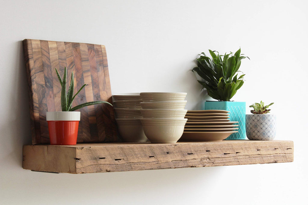 Reclaimed Barn Beam Deep Shelves | Deep Shelves with Brackets Included, Set of 2 | (Natural Low Profile Bracket, 36"