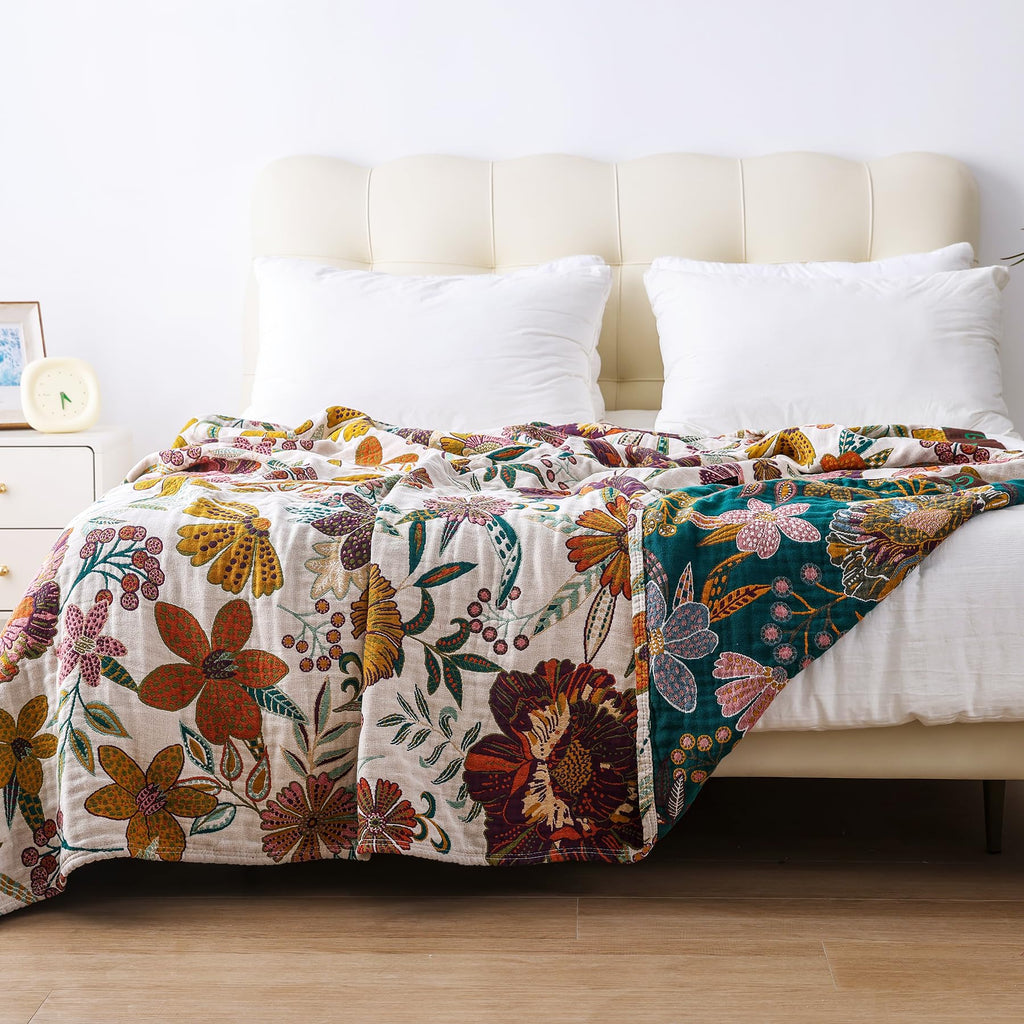 King Boho Throw Blanket for Bed, 100% Cotton Muslin Soft Throw-Floral Farmhouse Rustic Decor Blanket for Couch Sofa