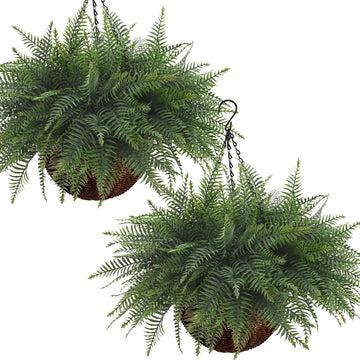 2 Pack Fake Hanging Fern Plants Outdoor - Dark Green