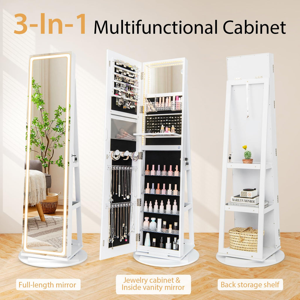 360° Swivel Jewelry Cabinet Armoire with Full Length Mirror, Standing Jewelry Storage Organizer with Rear Storage