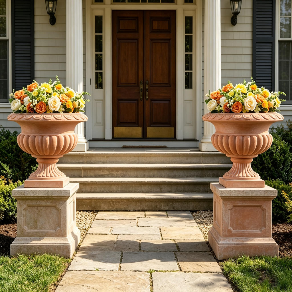 20" H Roman Urn Planter, Weathered Terracotta Finish Flowerpot (Plastic)