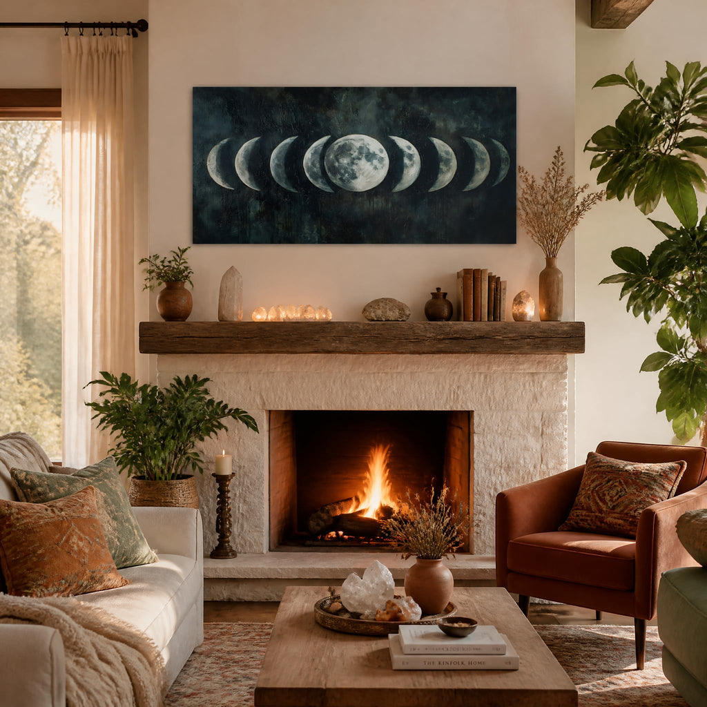 Moon Phase Canvas Wall Art Lunar Cycle Celestial Painting Flat Print Gallery Wrapped Dark Moody Artwork Bedroom