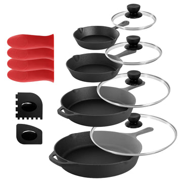 13 Piece Pre-Seasoned Cast Iron Skillet Set with Temperd Glass Lids and Silicone Holders