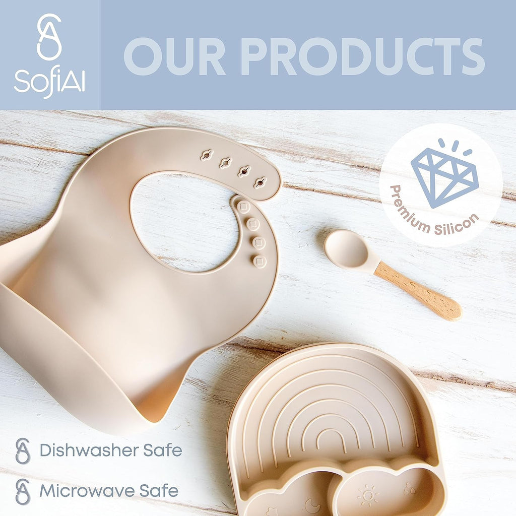 BPA-Free Non-Toxic Silicone Baby Plate Set - Piece Baby Led Weaning Starter Kit with Suction Divider Plate, Soft