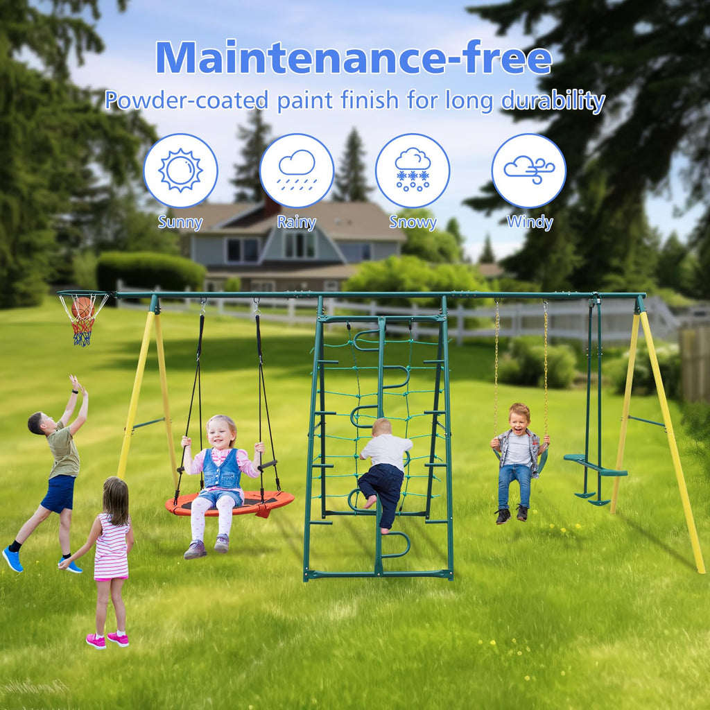 Metal Swing Sets for Backyard for Kids 3-12, 6 in 1 Swing Sets, Heavy-Duty Playground Backyard Set with 2 Swings