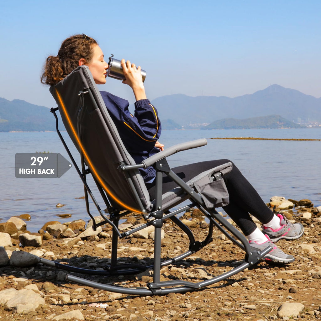 Thick Padded Folding Rocking Camping Chair Outdoor 400 LBS Gray