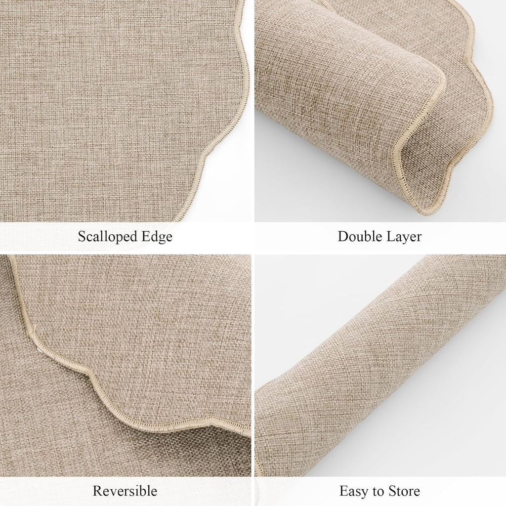 Scalloped Round Placemats Polyester Linen Blend 15 inch Washable Non Slip Place Mats Easy Clean Heat - Set of 6