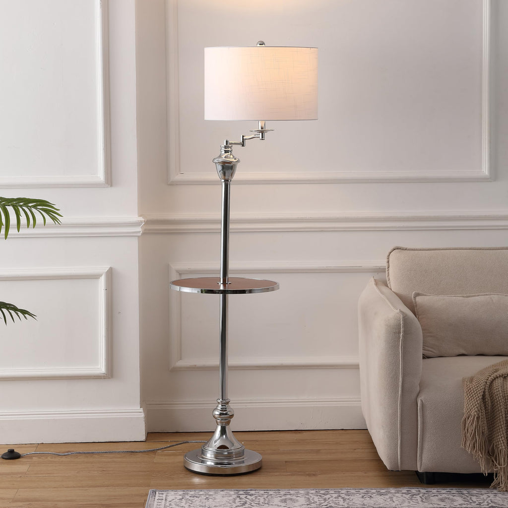 Cora 60" Metal Swing Arm Floor Lamp, Chrome/Brown Wood