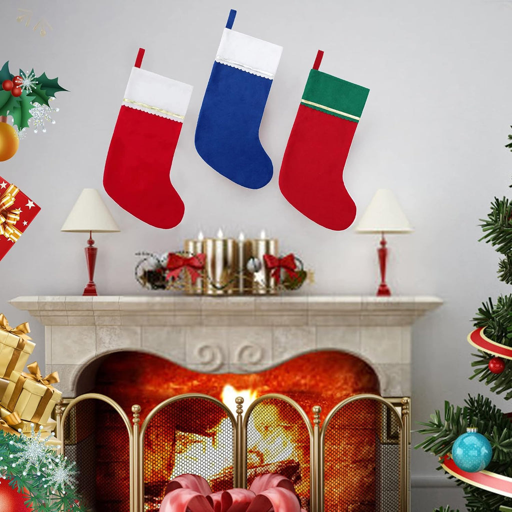 Felt Christmas Stockings, 19 Inches Red and White Christmas Stockings Hanging Ornaments, White Cuff with Gold - Set of 12