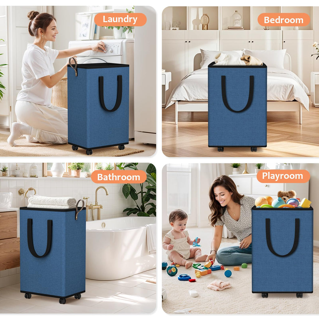Rolling Laundry Basket with Wheels, Laundry Hamper, 100L, Navy