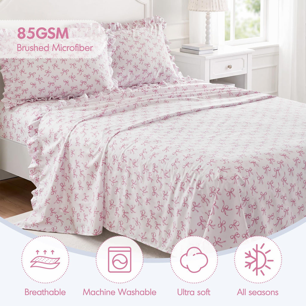 Bow Ruffle Sheet Set 4 Piece, White/Pink