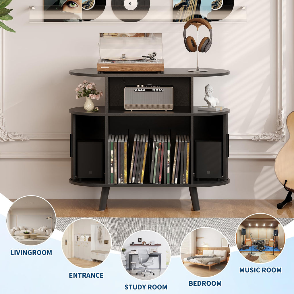 35'' Fluted Mid Century Modern Turntable Cabinet, Large Round Record Player Stand with Charging Station and Display