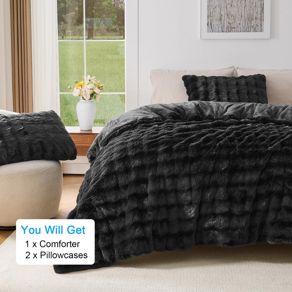 Fluffy Comforter Set Black Soft & Fuzzy Faux Fur Comforter Luxury Lightweight Plush Bedding Set All Season