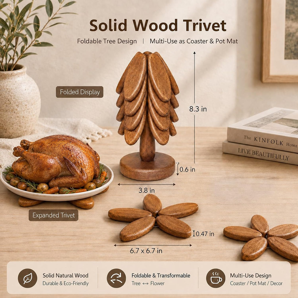 Wooden Trivets Set for Hot Dishes Kitchen Foldable Heat Resistant Trivet