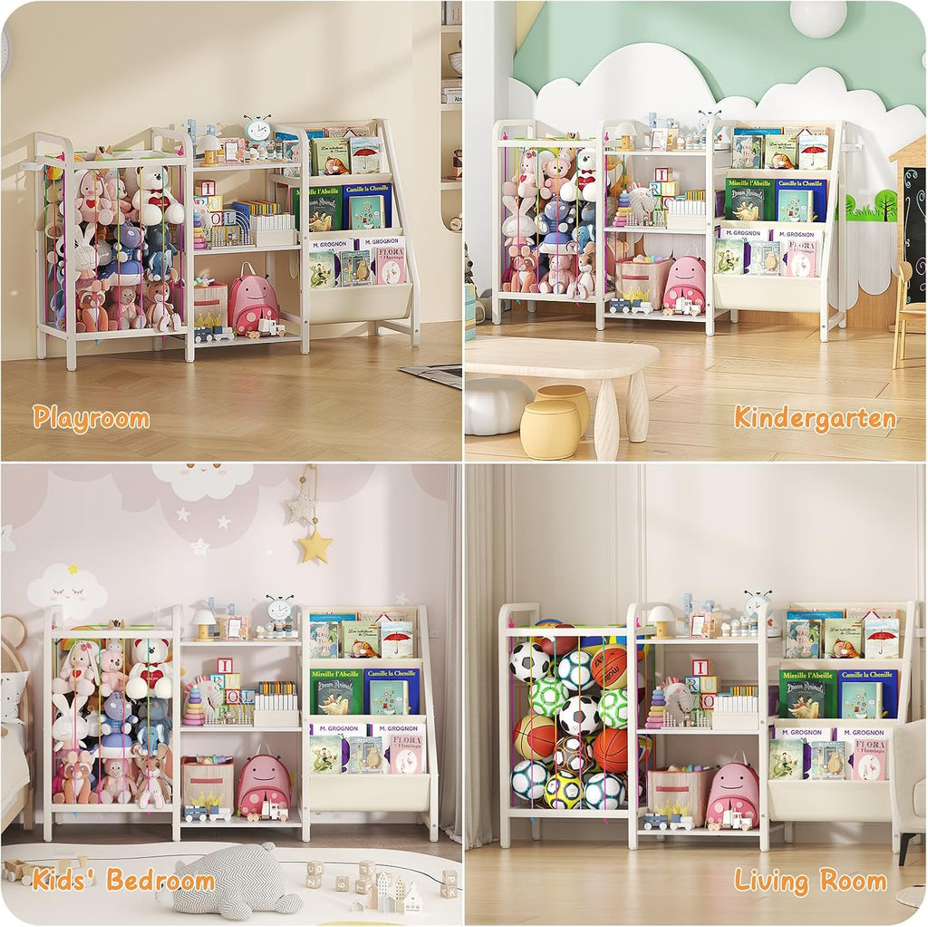 B1 Kids Bookshelf and Toy Storage, Book Shelf for Kids Rooms White | 3-Tier Sling Baby Bookcase with Stuffed Animal