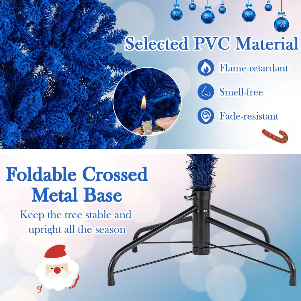 7 FT Pre-Lit Royal Blue Snow Flocked Christmas Tree, Artificial Hinged Xmas Tree with 340 LED Lights, 900 Branch