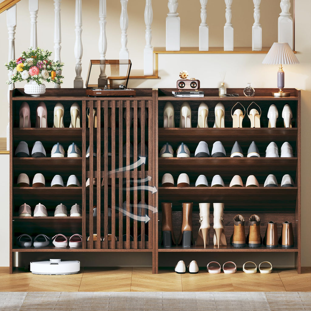 5-Tier Shoe Cabinet with Sliding Shutter Doors, Wooden Shoe Storage Cabinet with Adjustable Shelf, Modern