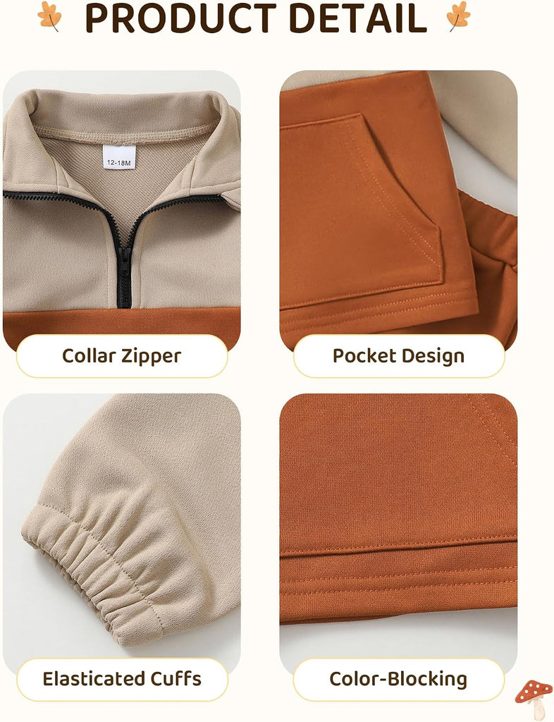 Toddler Baby Boy Clothes Color Block Long Sleeve Zipper Sweatshirt Tops + Pants Fall Winter Outfits Set