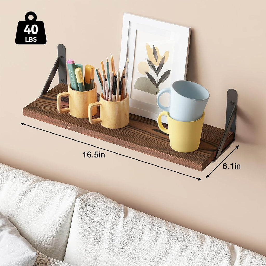 16.5in Floating Shelves for Wall, Dark Carbonized Pine Set of 6 | Rustic wood shelves with metal brackets.