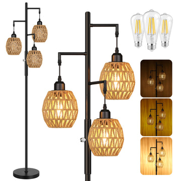Dimmable Boho Floor Lamp - 3 Light Farmhouse Rattan Floor Lamps, Tree Floor Lamps with Bohemian lampshades, Rustic