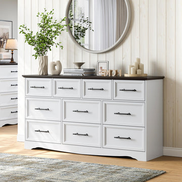 10 Drawer Dresser, 59" Wide Farmhouse Chest of Drawers with Brushed Metal Handle, Wood Dresser TV Stand, Closet