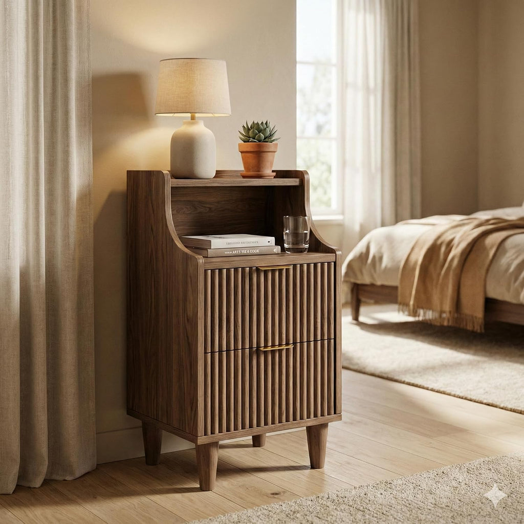 11.8" Narrow Fluted Nightstand Set of 2,Slim Side End Table with 2 Drawers,Mid-Century Modern Bedside Table,Skinny