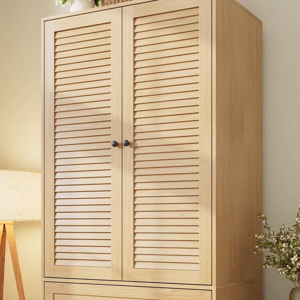 70" Wardrobe Armoire Wooden Closet with 2 Doors and 3 Drawers, Oak