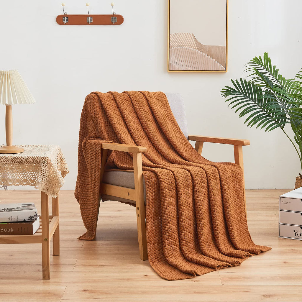 100% Cotton Knitted Throw Blanket - Burnt Orange, Soft & Cozy, Machine Washable, 60"x80" - Perfect, Couch, Sofa, Bed