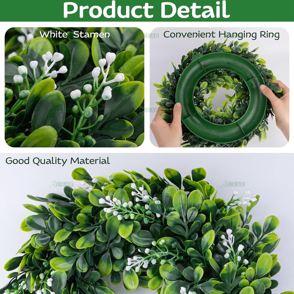 Artificial Boxwood Wreaths Green Leaves Greenery Candle Ring Faux Hanging Planters Front Door - Set of 8