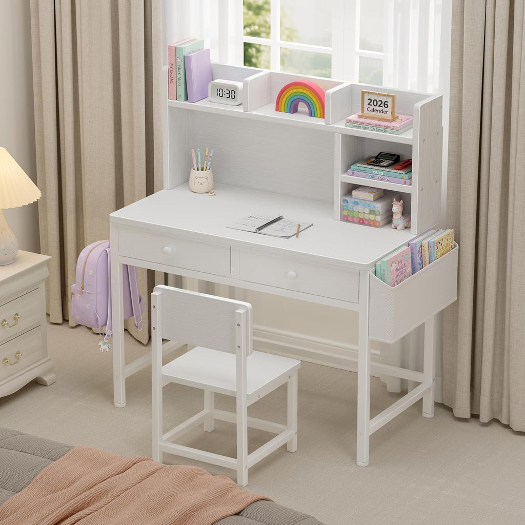 White Kids Desk with Hutch for Kids Desk and Chair Set 10-12 Year Old, Children Study Desk with Fabric Drawer Storage