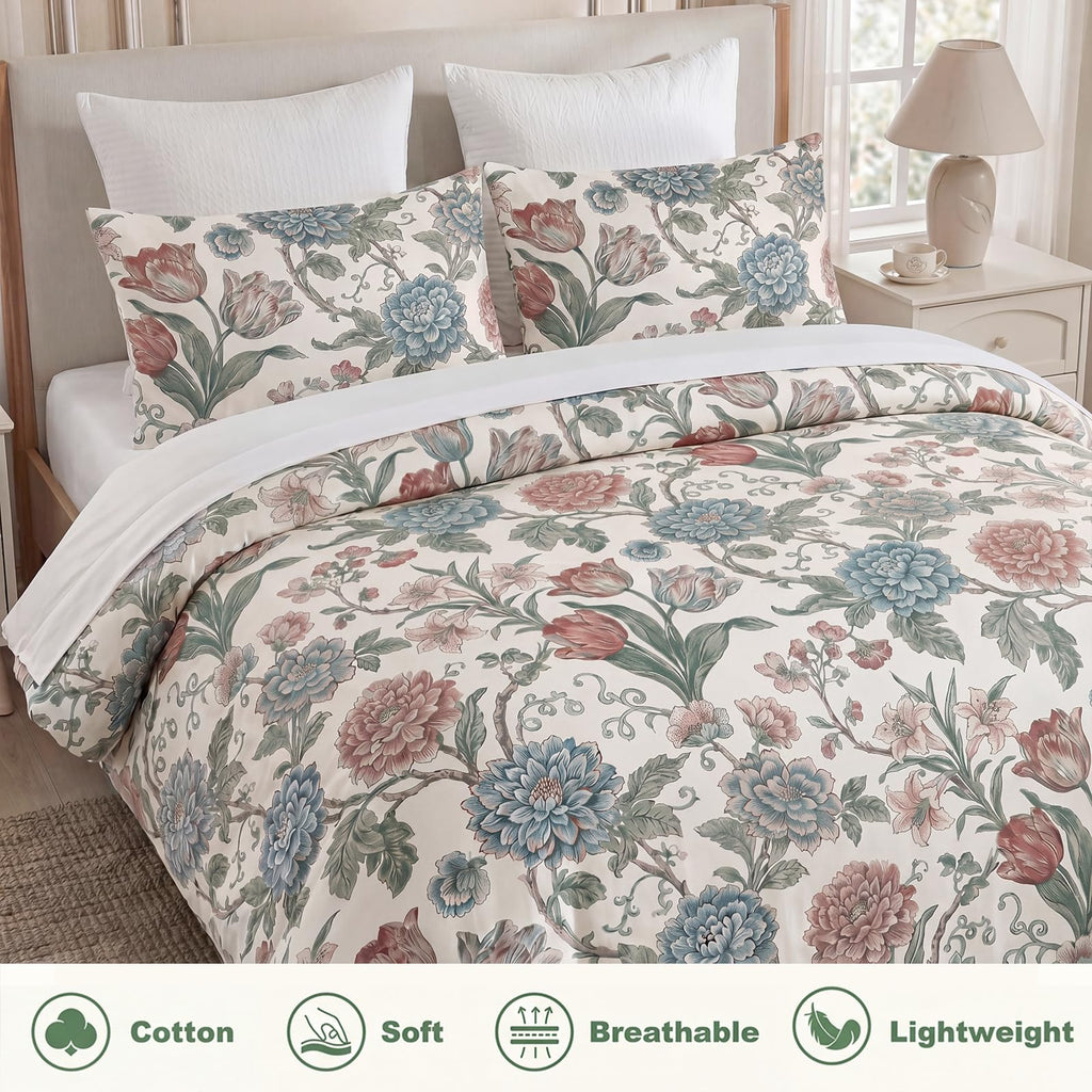 100% Cotton Duvet Cover Set, Digital Printed Vintage Floral Botanical Duvet Cover with Zipper Closure & 8