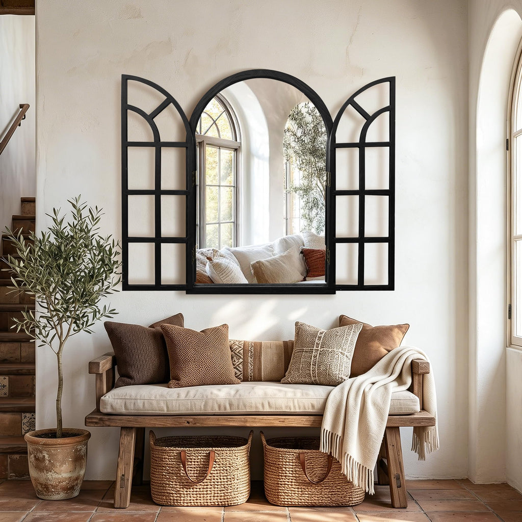Arched Wood Mirror for Wall, 24" x 36" Rustic Farmhouse Mirror, Black