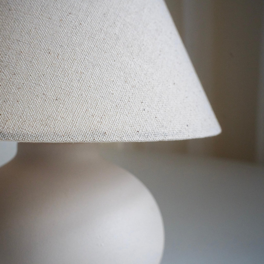 11" Small Table Lamp - Handmade Round Ceramic Cream Base with Off-White Fabric Shade, Dimmable Plug-in Nightstand or
