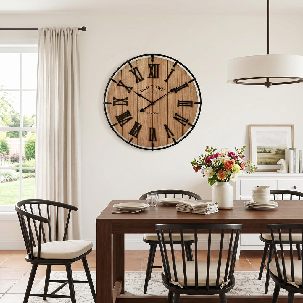 24 Inch Large Farmhouse Wall Clock, Natural Wood Grain Face with Black Metal Frame, Silent Non-Ticking Quartz