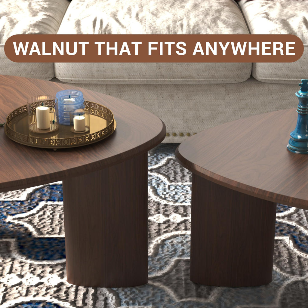 Nesting Coffee Set of 2, Modern Walnut Wood Veneer Coffee and Side Set, Small End Set with Flexible Use and