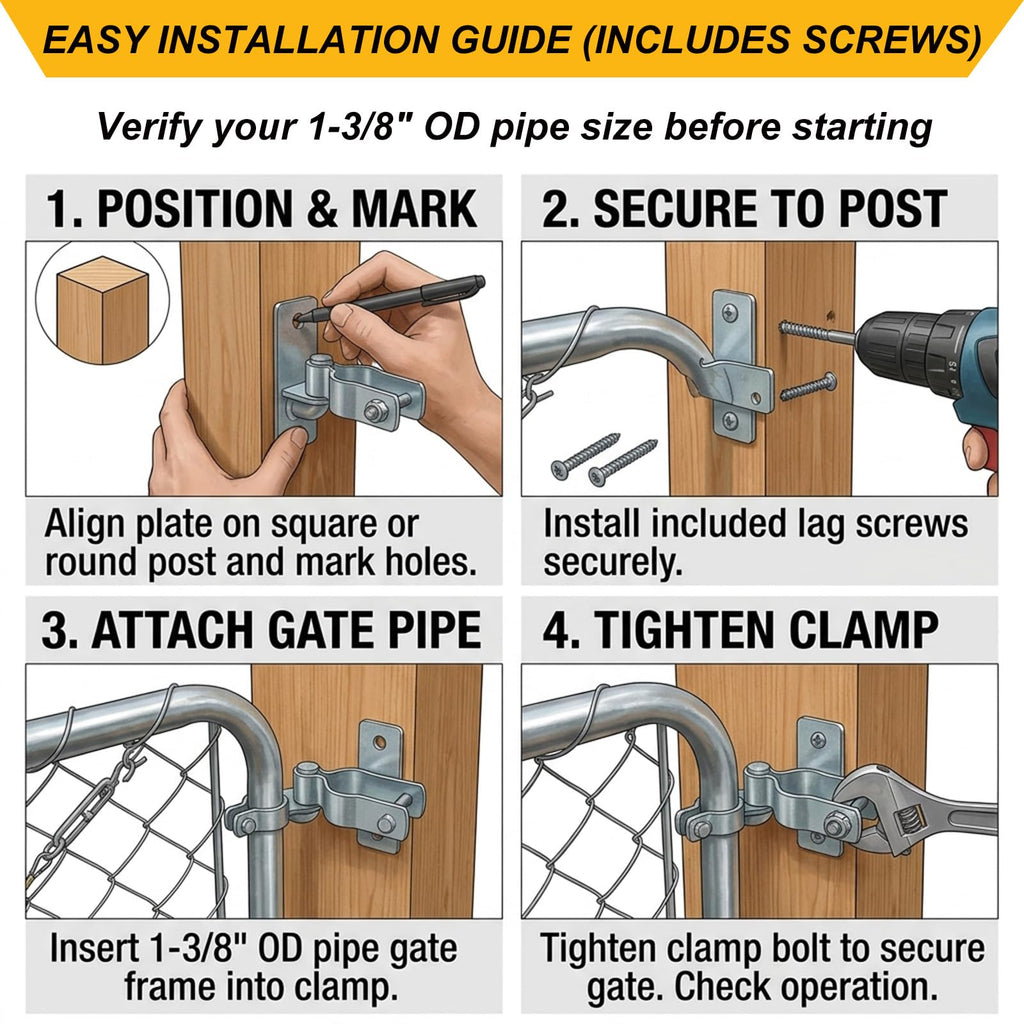 2 Pair Wall Mount Gate Hinges, Heavy Duty Gate Hinges for 1-3/8" Pipe Gates