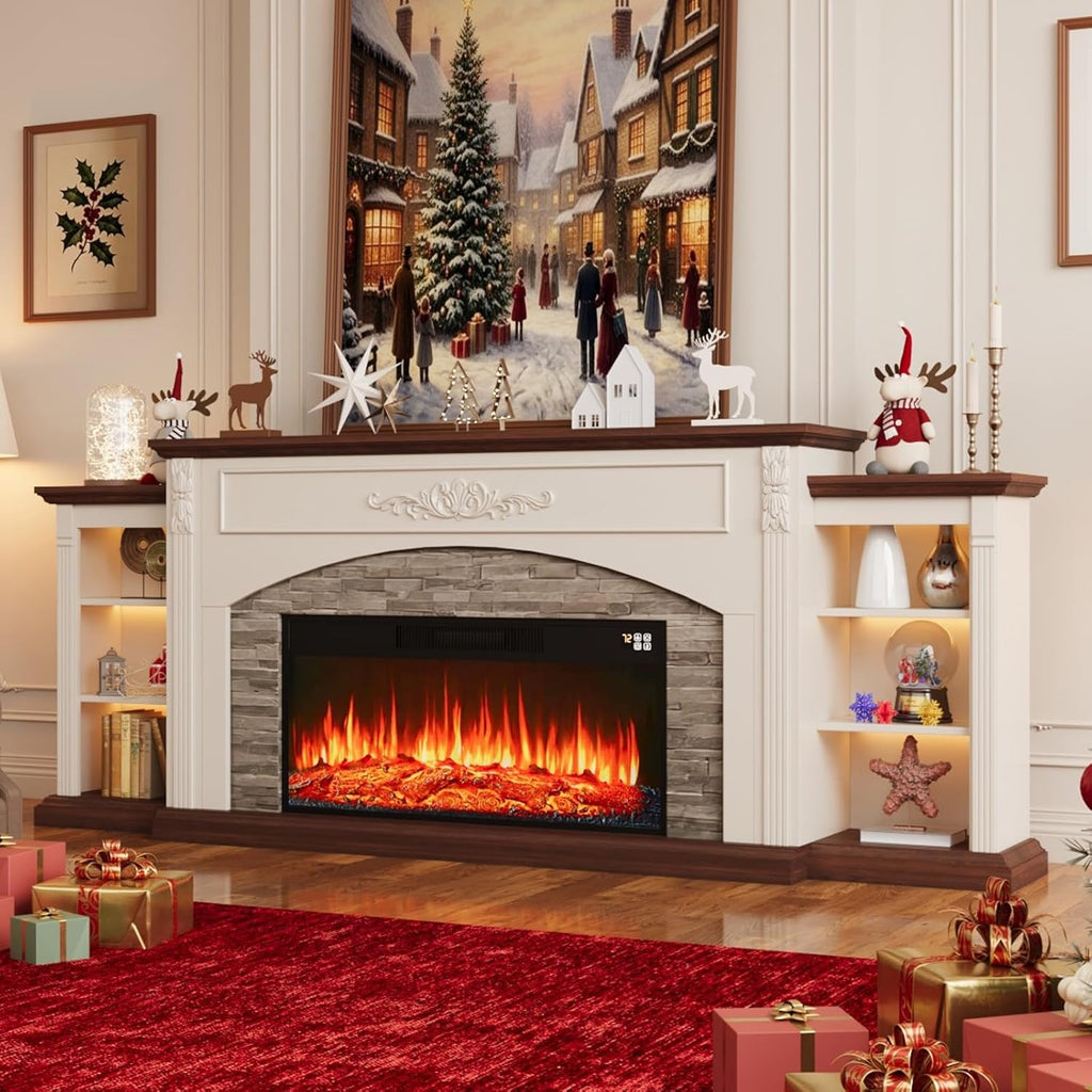 91" Electric Fireplace TV Stand with Mantel, Antique White Entertainment Center with Carving Holds TV up to 100 Inch
